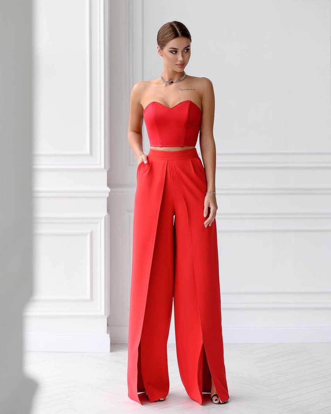 Red Wide Leg Pants With High Front Slit, Red High Waist Palazzo