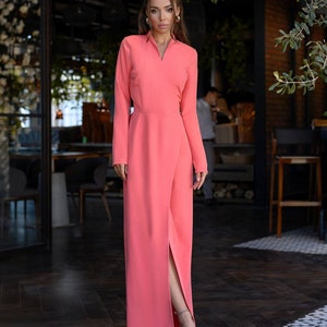 Coral Pink Pink Maxi Wrap Dress, Elegant and Classy Maxi Long Sleeves Wrap Dress, Effortless Grace for Every Occasion, Modest Maxi Dress image 4