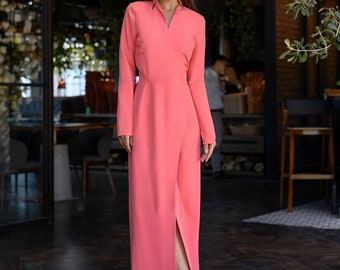 Coral Pink Maxi Wrap Dress, Long Sleeve Maxi Dress with V-neck, Special Occasion Maxi Dress, Modest Dress for Women, Coral pink Wrap Dress