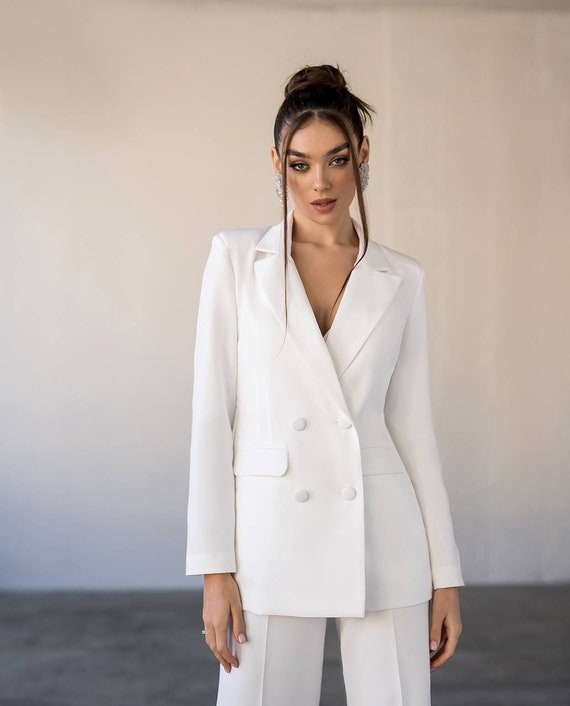 Traje pantalón blazer blanco para mujer, traje pantalón blanco para mujer, traje  pantalón de 3 piezas para mujer, traje pantalón nupcial boda civil -   España