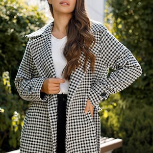 Black and white Houndstooth spring wrap Coat with belt Womens, Fall outerwear in classic style for Women