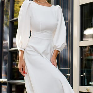 White Midi Dress with Open Back and Voluminous Sleeves, White Midi Dress for Civil Wedding, Elopement Dress with Sleeves