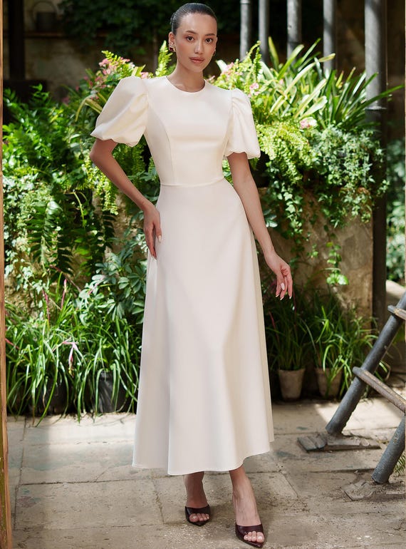 White Midi Cotton Dress Short Puff Sleeves for Summer