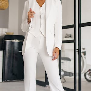 White Pantsuit for Women, Tall Women Pants with High Rise, Blazer and Waistcoat Suit Set, Civil Wedding Bridal pants Suit