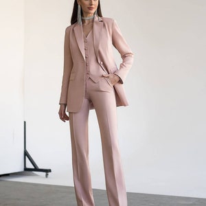 Women Bespoke Designer 3 Piece Cotton Beige Pantsuit Single