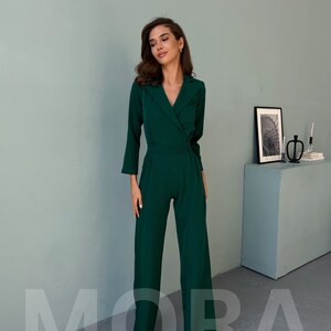 Emerald Green Formal Jumpsuit TALL Women, Womens Jumpsuit, Women Onepiece for Wedding Guest, Birthday Outfit, Jumpsuit with Long Sleeves image 4