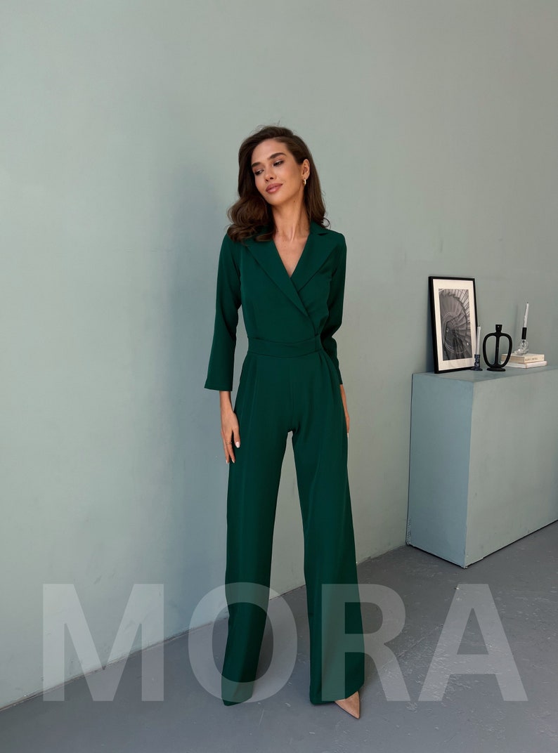 Emerald Green Formal Jumpsuit TALL Women, Womens Jumpsuit, Women Onepiece for Wedding Guest, Birthday Outfit, Jumpsuit with Long Sleeves image 4