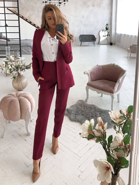 Ensemble blazer bordeaux pour femmes, tailleur-pantalon formel pour femmes,  costume pantalon femme chic, ensemble blazer et pantalon femme, ensemble  blazer double poitrine -  Canada