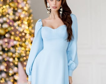 Voluminous Sleeves dress, Midi dress with Long sleeves and Sweetheart Neckline, Light Blue Midi Dress for Special Occasions