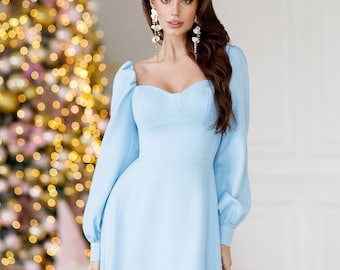 Robe à manches volumineuses, robe mi-longue à manches longues et décolleté en cœur, robe mi-longue bleu clair pour les occasions spéciales