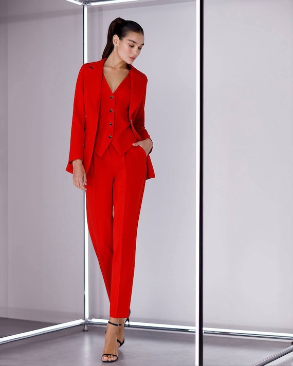 Red Formal Blazer Trouser Suit for Women, Business Pantsuit for