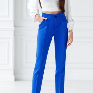 Bright Blue Regular fit Pants for Women, Casual Formal High Waist Trouser for Office, Streetwear in Classic style