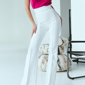 White High Waist flared pants for Women, White office pants for women, Tall Women Pants with High Rise, White Flared Pants Womens