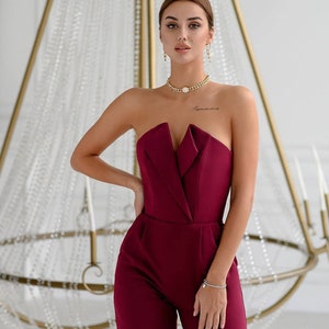 Burgundy Formal Jumpsuit Womens, Burgundy Jumper Women Onepiece for Wedding Reception, Birthday Outfit, Sleeveless Jumpsuit with Corset