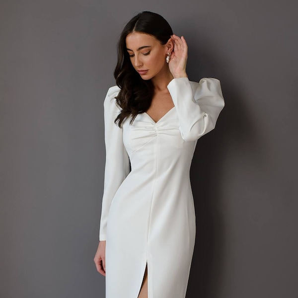 White Midi Dress With Long Sleeves, white High Side Slit Dress for Special Occasions, Midi Elopement dress with Long sleeves