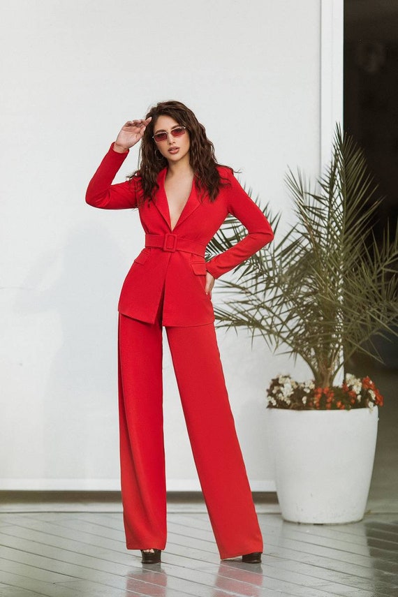 Red Blazer Suit Set for Women, Wide Leg Pants High Rise, Belted