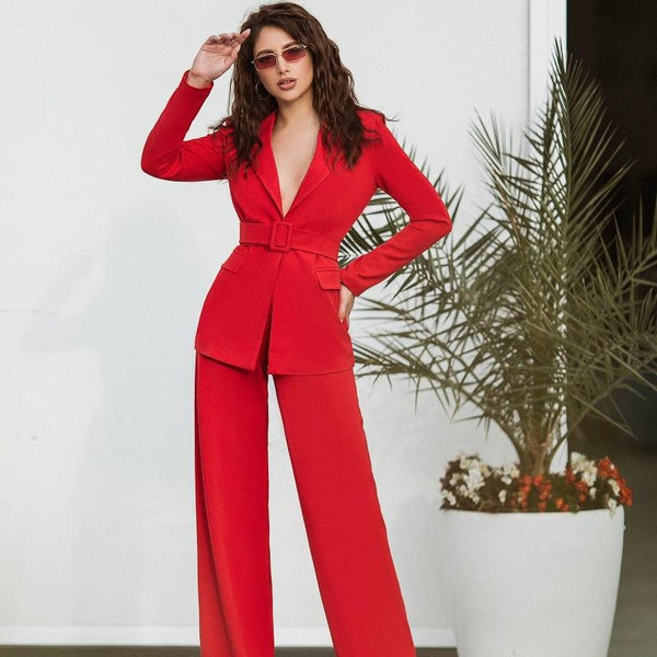 Roter Blazer Anzug Set für Frauen, Weites Bein Hose Hochhaus, Roter Blazer mit Gürtel für Frauen, Blauer Hosen Blazer Set für Frauen, Bürokleidung Frauen