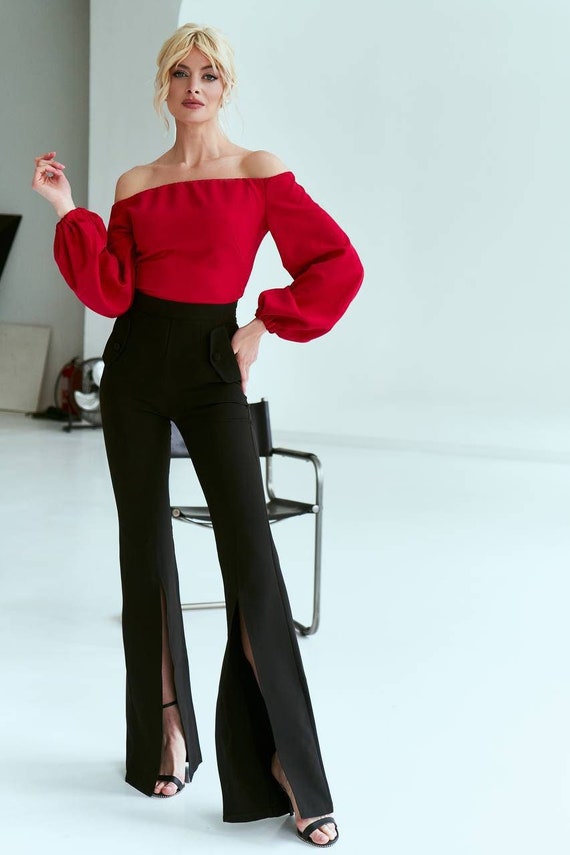 Black Bell Bottoms Pants for Women, Flared Pants Women, High Waist Trousers  With Front Slits, Black Front Slits Pants for Women 