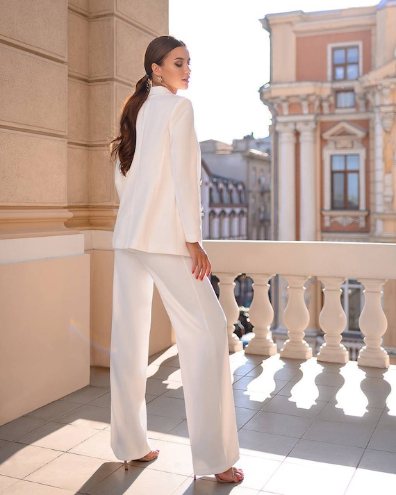 Traje pantalón blazer blanco para mujer, traje pantalón blanco