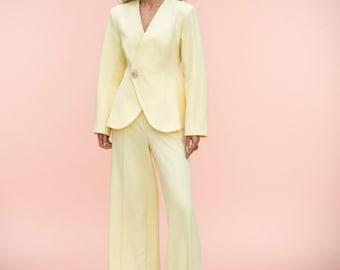 Lemon Yellow Two-Piece Pantsuit with Extra Long Wide Leg Pants and No-Lapel Blazer
