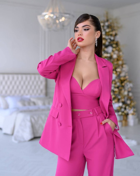 Hot Pink Blazer Hosenanzug für Frauen, rosa Hosenanzug für Frauen,  3-teiliger Hosenanzug für Frauen, Womens Formal Wear -  Schweiz