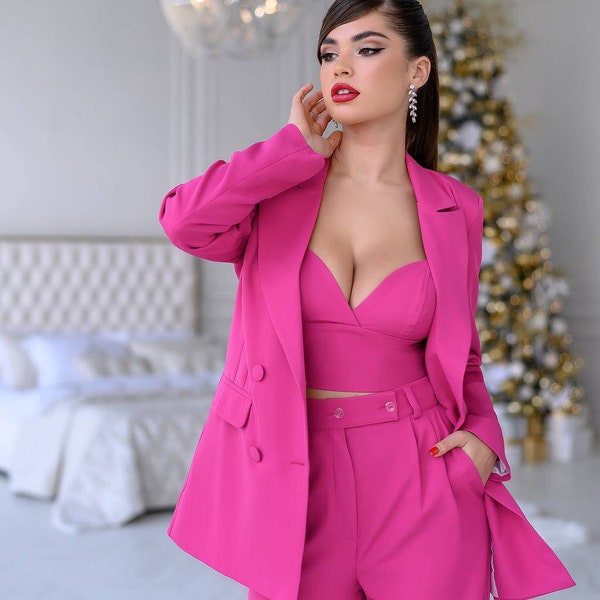 Hot Pink Blazer Trouser Suit for Women, pink Pantsuit For Women, 3-piece pantsuit for women, Womens Formal Wear