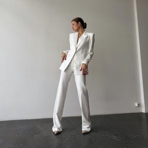 White Formal Pants Suit with Single Breasted Blazer and Straight Pants High Waist, White Blazer Trouser Suit for Women, Bridal Pantsuit TALL