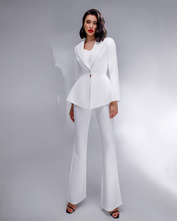White Flared Pants Suit With Peplum Blazer for Women White Bridal
