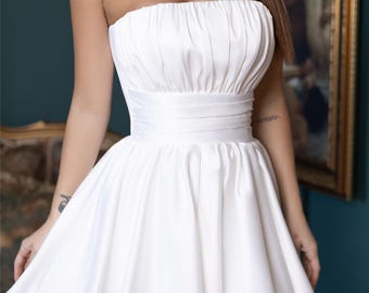 White Satin Bubble Sleeveless mini Dress for Elopement, Bachelorette party
