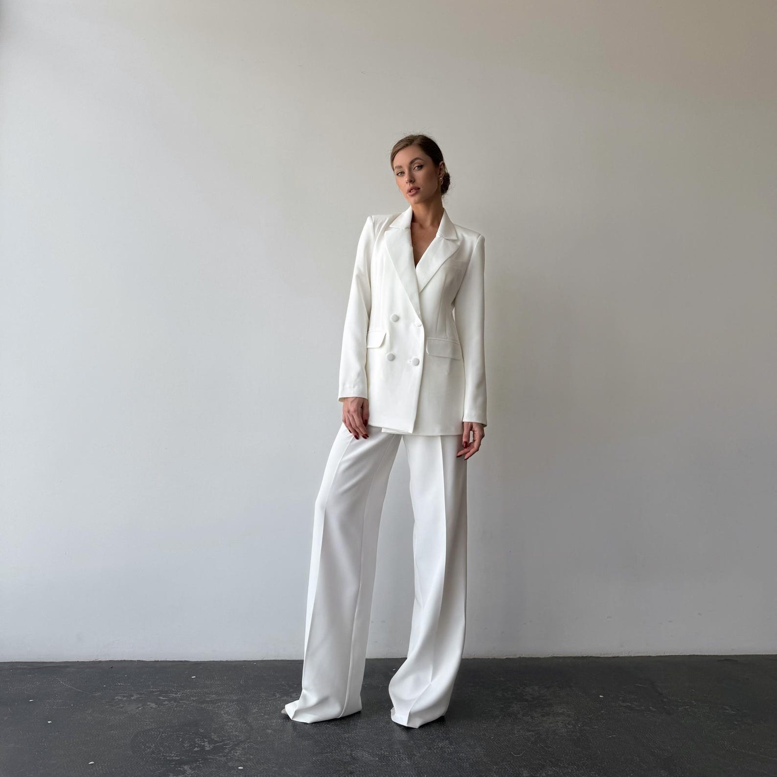 White Wide Leg Pantsuit, Blazer & Crop Top