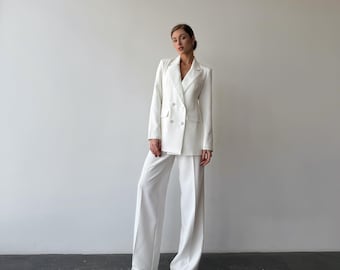 White Wide Leg Pantsuit, Blazer & Crop Top Spring Summer Women
