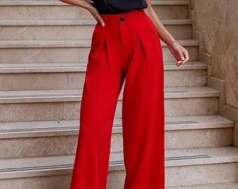 Red Palazzo Pants, High Waist Wide Leg Trousers, Women's Office Wear