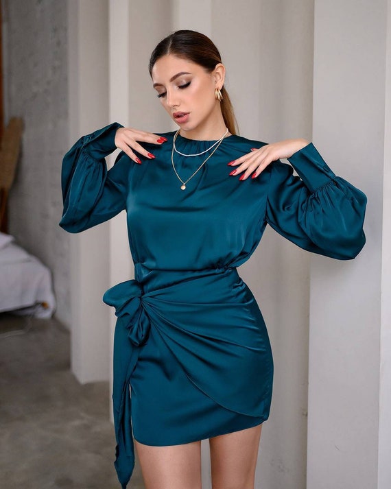 Emerald Green Silk Mini Dress Long 