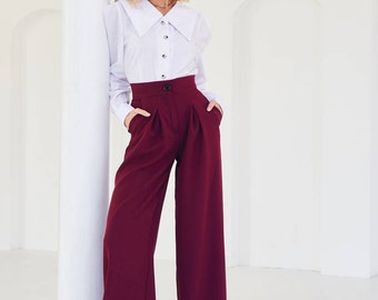 High Waisted Wide Leg Dress Pants - The Untidy Closet  Burgundy pants  outfit, High waisted dress pants outfits, High waisted dress pants