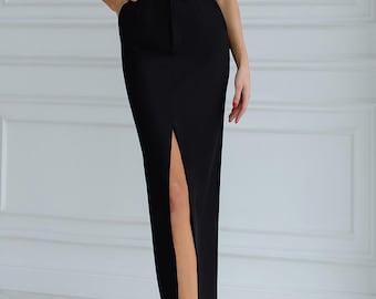 Black High Rise Pencil Skirt with Front Slit, Business Casual