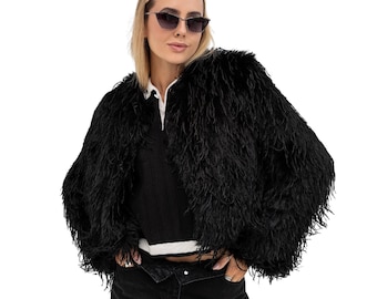 Black Faux Llama Fur Coat, Vegan Cropped Jacket