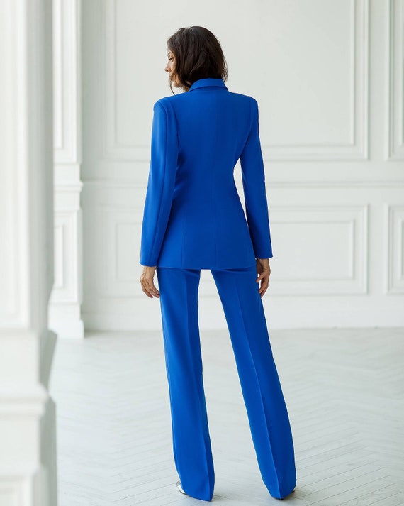 Electric Blue Formal Pants Suit With Single Breasted Blazer and