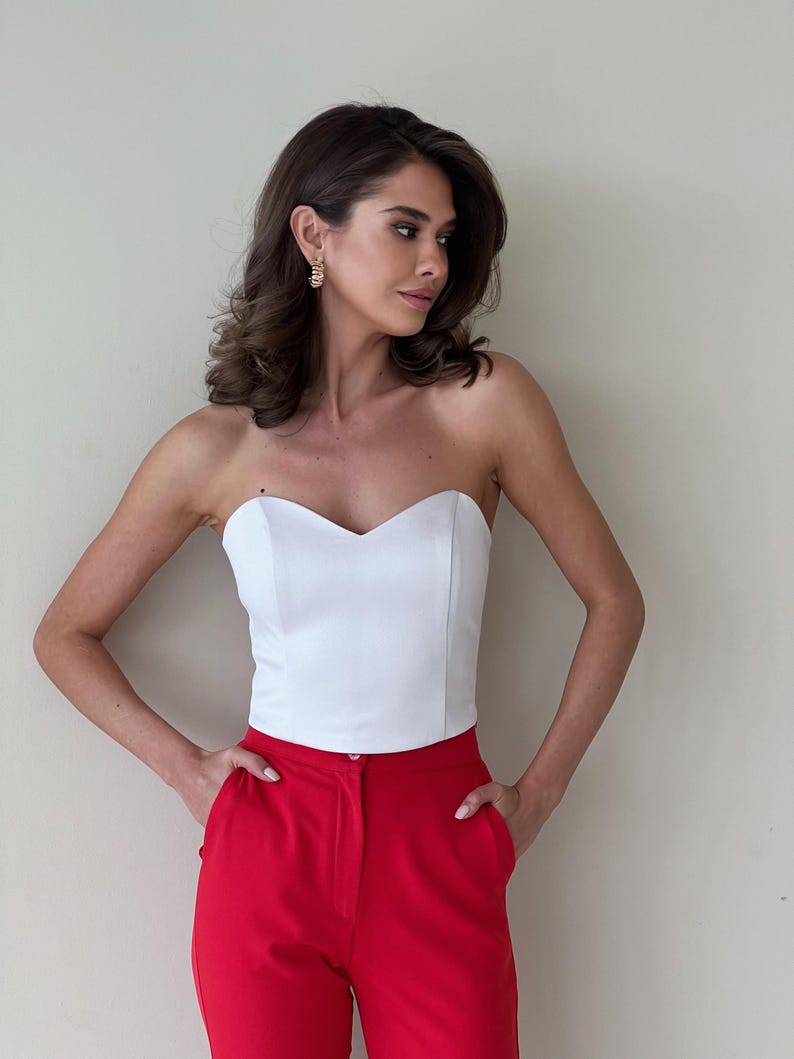 White Satin Corset Top: Strapless Bustier, Gen Z Chic image 1