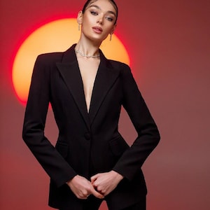 Black Pantsuit with Single Breasted Blazer and Straight Pants High Waist, Black Blazer Trouser Suit for Women, Black office suit for Women