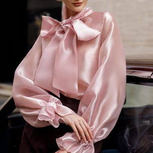 Light Pink Organza Sheer Blouse Polka Dot, Pink Chic Blouse with Bow tie for Classy Women, Elegant Sheer Blouse with Bow neck