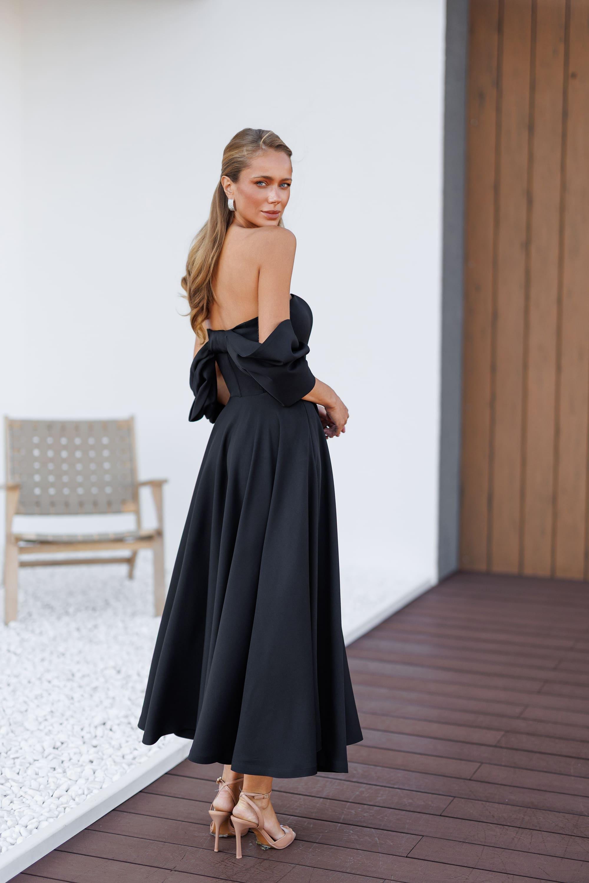black dress with bow on shoulder Adrianna Papell One-shoulder Bow Accent Midi Dress