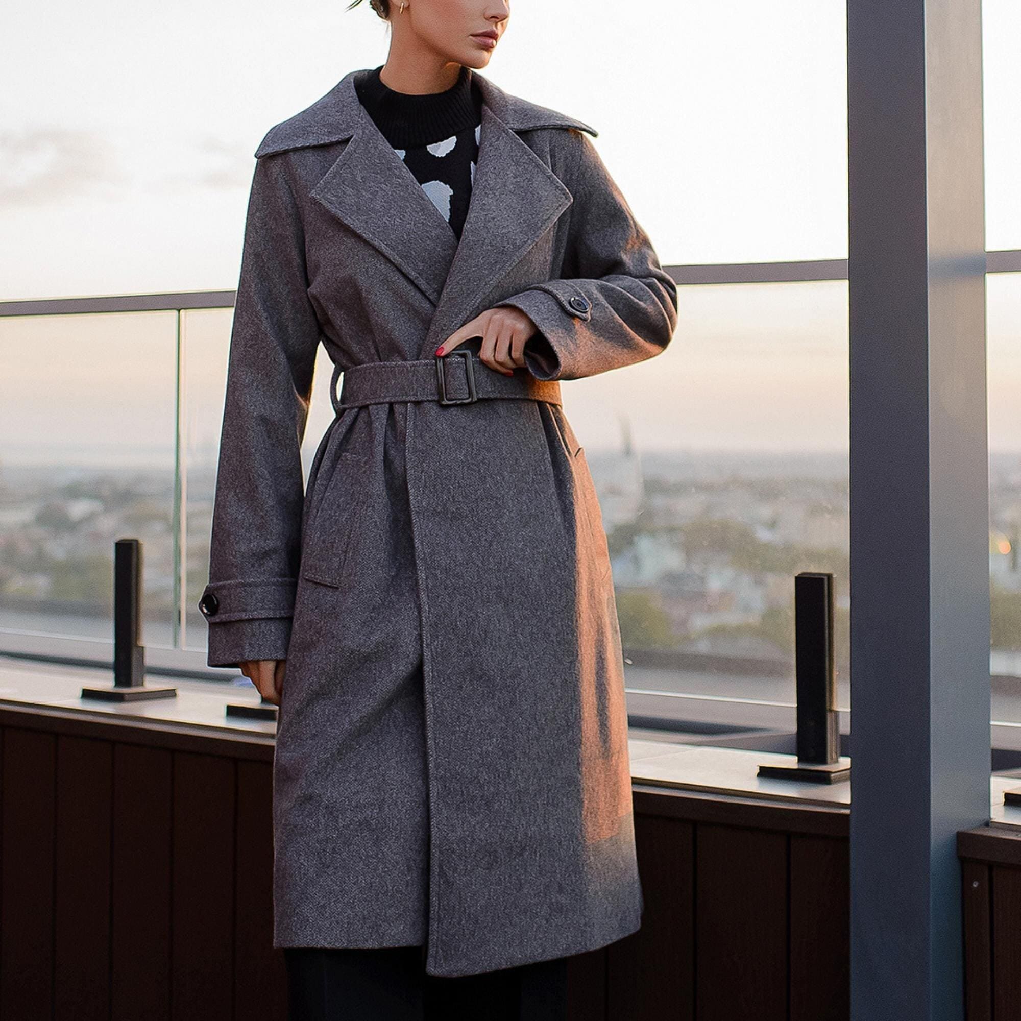 Classy Grey Wool Wrap Knee Long Coat for Women, Fall Wrap