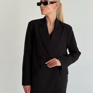 Black Formal Pantsuit Tall Women for office, business meetings and corporate events, Oversize blazer trouser suit with button-up waistcoat