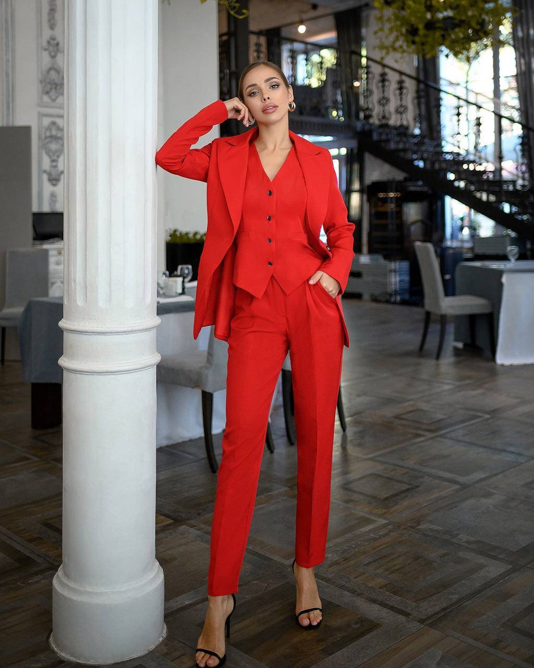 Red Office Women 3-piece Suit With Slim Fit Pants, Buttoned Vest and ...