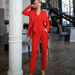 Hot Red Stunning Classic 3-piece Pantsuit. Red Three Piece Women's