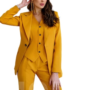 Mustard Yellow Pantsuit for Women, Bright Pants Suit for Women, Business Women Suit with Vest, Formal Pantsuit Womens