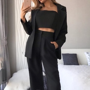 Black Womens 3 Piece Suit Set, Office Women 3 piece Suit with Wide Leg High Waist Pants, Wrap Blazer with Belt and Corset Top Bralette