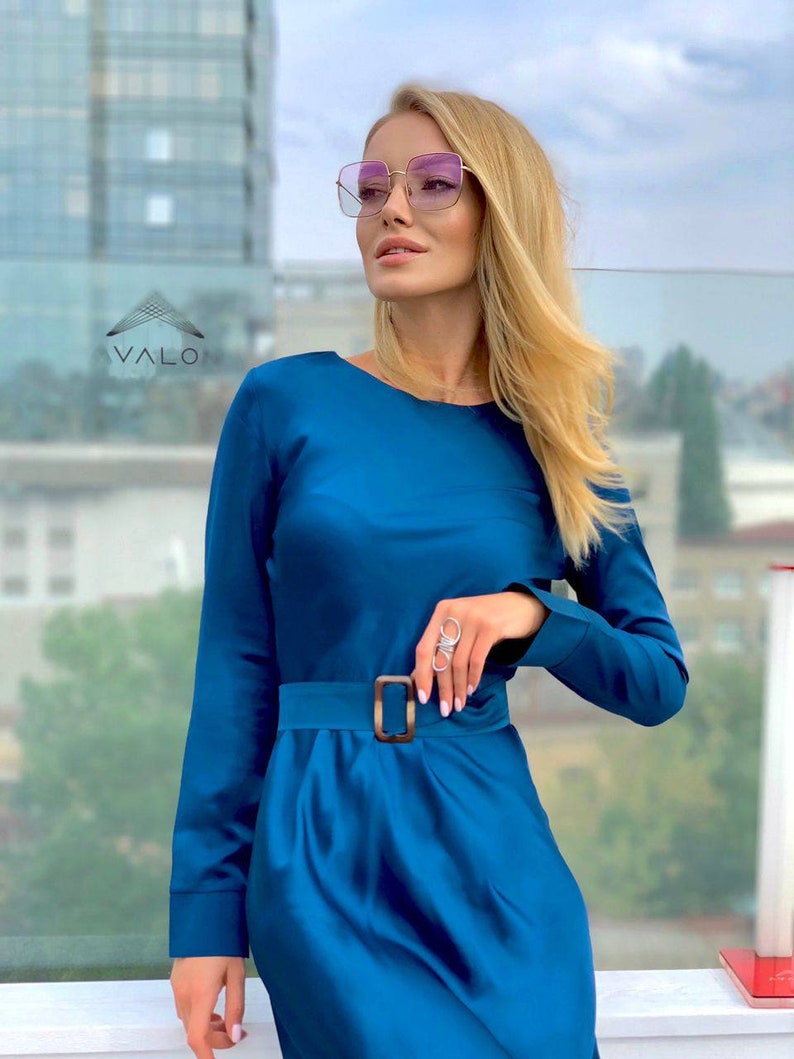 Silk Midi Dress With Belt Silk Long Sleeve Dress Dark Blue | Etsy
