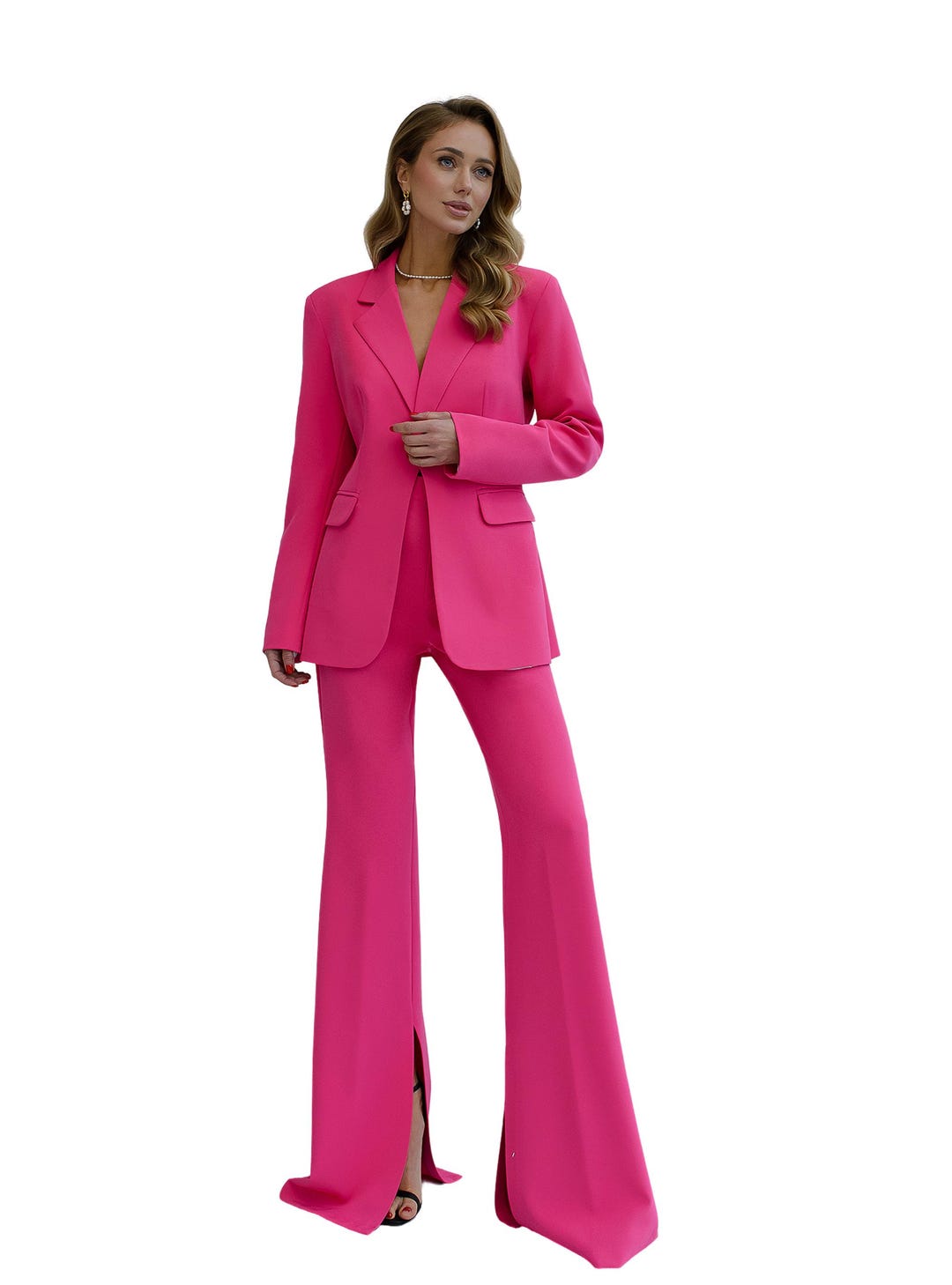 Hot Pink Pantsuit for Women, Pink Flared Pants Suit With Fitted