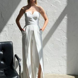 White Strapless Corset Jumpsuit: Elegant Wide Leg Bridal Outfit